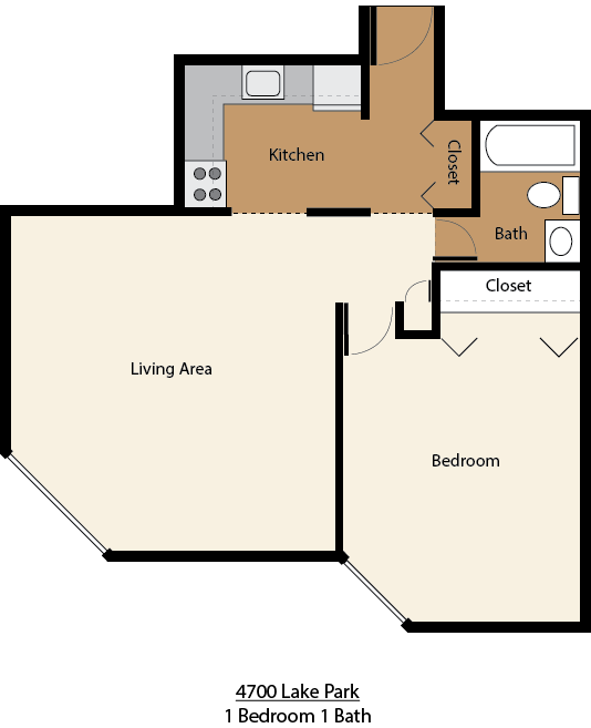 Floor plan for 1 bed, 1 bath, 841 sqft